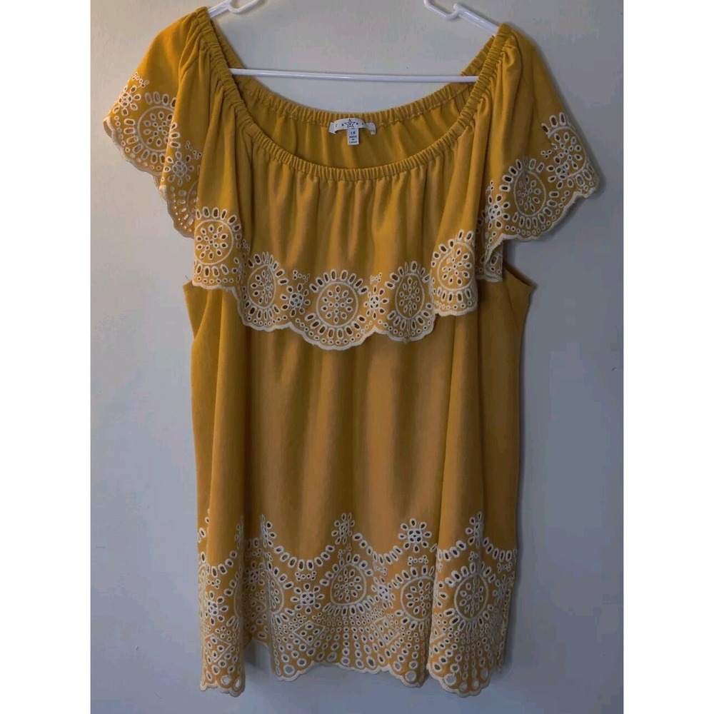 Fever Embroidered Ruffle Sleeveless Off Shoulder Blouse Mustard/Yellow Size 1X